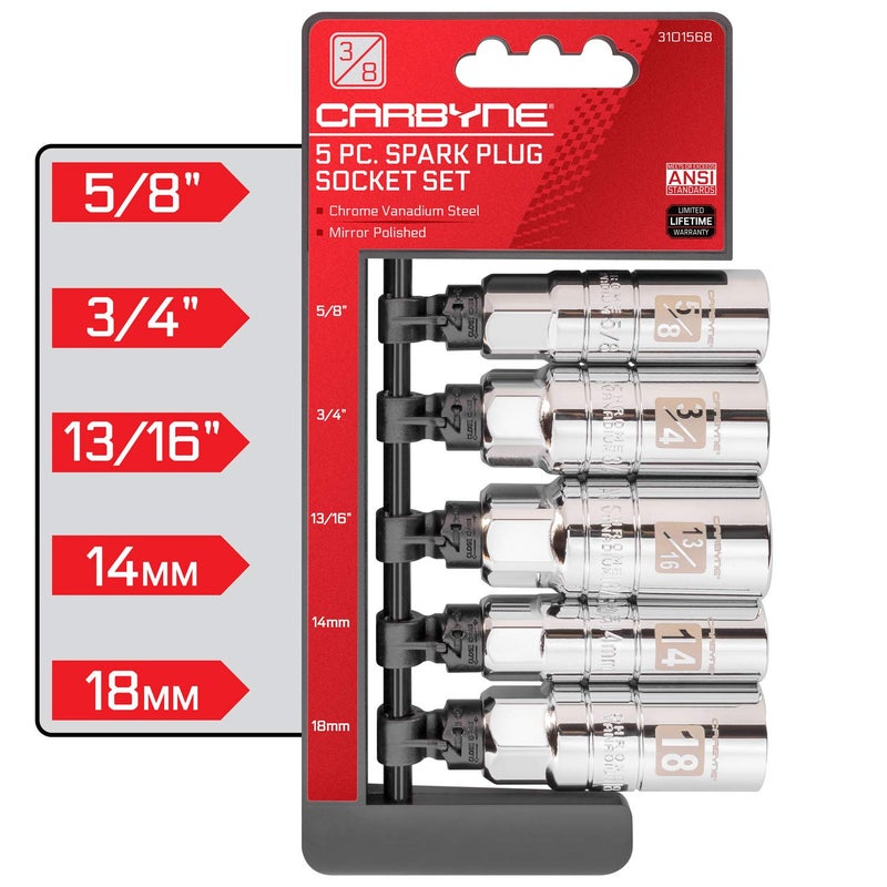 CARBYNE 5-Piece Spark Plug Socket Set - Includes 5/8", 3/4", 13/16", 14mm, 18mm sizes. High Visibility 3/8-Inch Drive SAE & Metric Spark Plug Socket Set - Heat Treated CR-V Steel, Mirror Polish - Image 2